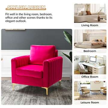 HULALA HOME Velvet Accent Club Chair, Modern Velvet Armchair Upholstered Accent Club Chair Sofa Chair with Gold Metal Legs Mid-Century Barrel Leisure Chair Comfy Reading Chair, Fuchsia