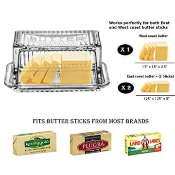 Bezrat Glass Butter Dish with Lid - Butter keeper - 100% Food Safe - Dishwasher Safe - Antique Look with the word "BUTTER" engraved on top - Fits East and West Coast butter sticks