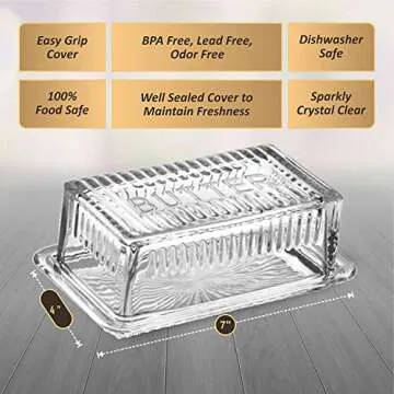 Bezrat Glass Butter Dish with Lid - Butter keeper - 100% Food Safe - Dishwasher Safe - Antique Look with the word "BUTTER" engraved on top - Fits East and West Coast butter sticks