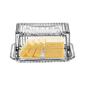 Bezrat Glass Butter Dish with Lid - Butter keeper - 100% Food Safe - Dishwasher Safe - Antique Look with the word "BUTTER" engraved on top - Fits East and West Coast butter sticks