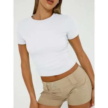 Trendy Queen Womens Basic T Shirts Summer 2025 Scoop Neck Short Sleeve Crop Tops Slim Fit Tees Y2k Clothing White XS