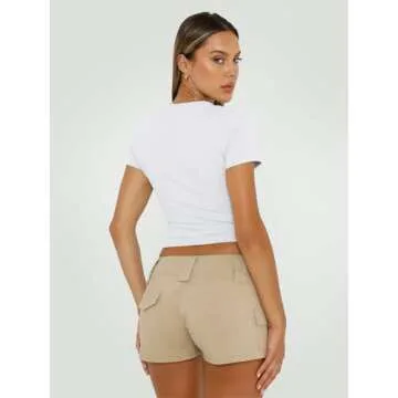 Trendy Queen Womens Basic T Shirts Summer 2025 Scoop Neck Short Sleeve Crop Tops Slim Fit Tees Y2k Clothing White XS