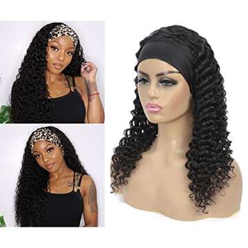 WENYAN Headband Wig Human Hair Deep Wave 16 Inch Wigs for Black Women Glueless None Lace Front Curly...