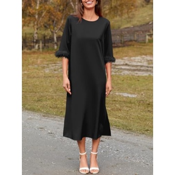Wenrine Womens Cocktail Dress Feather Half Sleeve Maxi Dress Crewneck Loose Split Party Dress Black