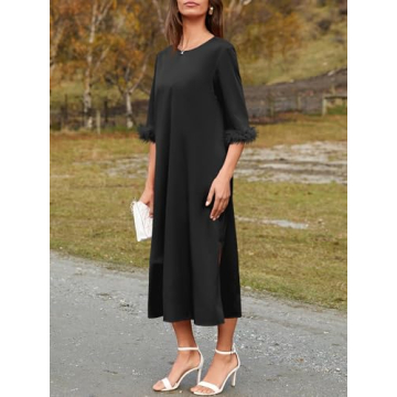 Wenrine Womens Cocktail Dress Feather Half Sleeve Maxi Dress Crewneck Loose Split Party Dress Black