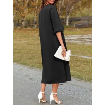 Wenrine Womens Cocktail Dress Feather Half Sleeve Maxi Dress Crewneck Loose Split Party Dress Black