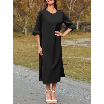 Wenrine Womens Cocktail Dress Feather Half Sleeve Maxi Dress Crewneck Loose Split Party Dress Black