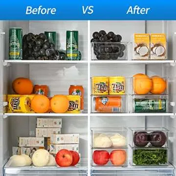 Set Of 6 Refrigerator Organizer Bins - Stackable Storage Bins with Handles for Freezer, Kitchen, Countertop and Cabinets Pantry Food Storage - Clear Plastic Organizer Bins