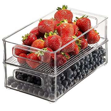 Set Of 6 Refrigerator Organizer Bins - Stackable Storage Bins with Handles for Freezer, Kitchen, Countertop and Cabinets Pantry Food Storage - Clear Plastic Organizer Bins