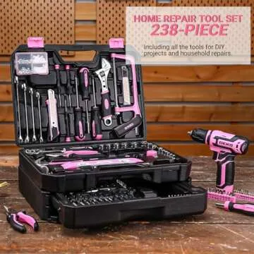 Pink Tool Kit Box Drill Set：DEKOPRO Home Mechanic Toolbox with 12V Power Cordless Drill Hand Repair Tools Sets Combo Kits Storage Organizer Drawer Case for Men & Women