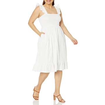 The Drop Women's Kimi Ruffled Shoulder Smocked Midi Dress, White, M