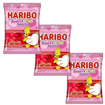 Valentine’s Day Sweet and Sour Candy Bags, Strawberry Flavored Gummy Treats, Valentine Gifts for Teens, Presents for Loved Ones, 3 Pack, 4 Ounces