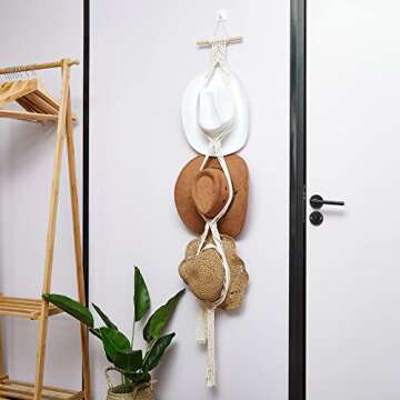 Yulejo Macrame Hat Hangers For Wall Bohemian Women Hat Rack Organizer for Wall Hanging Decorative Cap Holder for Wide Brim Cap (White, Three Hats Style)