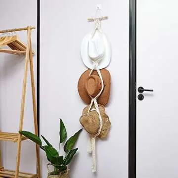 Yulejo Macrame Hat Hangers For Wall Bohemian Women Hat Rack Organizer for Wall Hanging Decorative Cap Holder for Wide Brim Cap (White, Three Hats Style)