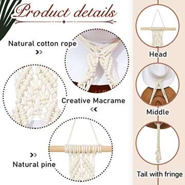 Yulejo Macrame Hat Hangers For Wall Bohemian Women Hat Rack Organizer for Wall Hanging Decorative Cap Holder for Wide Brim Cap (White, Three Hats Style)