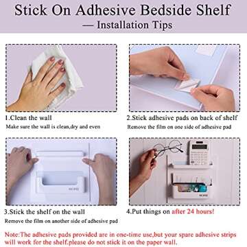 Bedside Shelf Organizer,Stick On Adhesive Wall Mounted Shelf Holder for Phone,Reading Glasses,Remote Control - Good for Home,Dorm,Bedroom,Office (Horizontal Type/White)