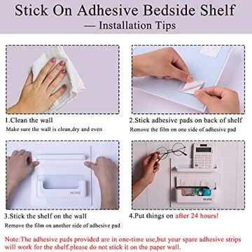 Bedside Shelf Organizer,Stick On Adhesive Wall Mounted Shelf Holder for Phone,Reading Glasses,Remote Control - Good for Home,Dorm,Bedroom,Office (Horizontal Type/White)
