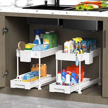 SPACELEAD Under Sink Organizers and Storage, Under Sliding Cabinet Basket Organizer, 2 Tier Under Sink Storage for Bathroom Kitchen with Hooks, Hanging Cup, The Bottom Can Be Pulled Out White