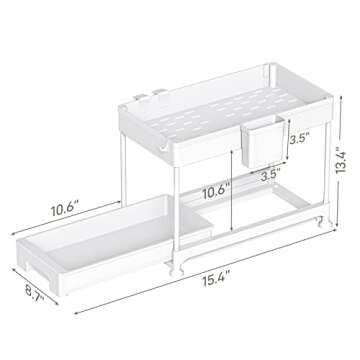 SPACELEAD Under Sink Organizers and Storage, Under Sliding Cabinet Basket Organizer, 2 Tier Under Sink Storage for Bathroom Kitchen with Hooks, Hanging Cup, The Bottom Can Be Pulled Out White