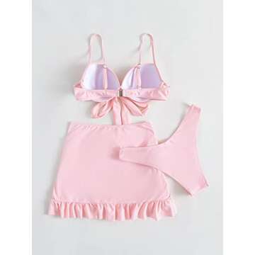 WDIRARA Women's 3 Pieces Tie Front Push Up Bikini Swimsuit with Ruched Ruffle Hem Beach Skirt Pink XS