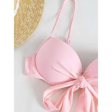 WDIRARA Women's 3 Pieces Tie Front Push Up Bikini Swimsuit with Ruched Ruffle Hem Beach Skirt Pink XS