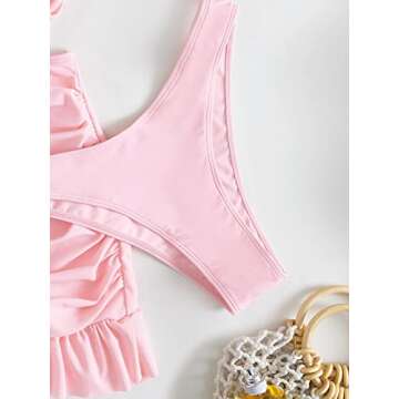 WDIRARA Women's 3 Pieces Tie Front Push Up Bikini Swimsuit with Ruched Ruffle Hem Beach Skirt Pink XS