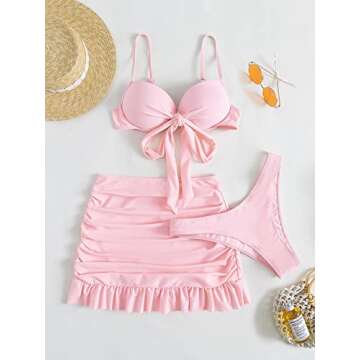 WDIRARA Women's 3 Pieces Tie Front Push Up Bikini Swimsuit with Ruched Ruffle Hem Beach Skirt Pink XS