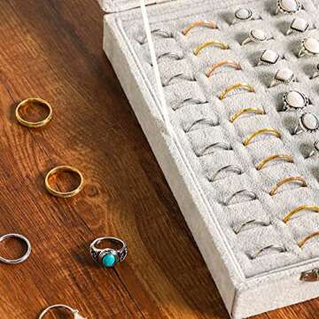 Frebeauty Ring Organizer Tray 100 Slots Ring Holder with Clear Lid Velvet Ring Storage Box Ring Tray for Jewelry Store Ring Display Case for Jewelry Show Ring Box for Women(Grey)