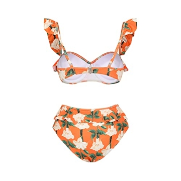 One Piece Swimsuit for Women with Cover Ups Two Pieces Push Up Bathing Suits High Cut Cheeky Bikini Set Floral Vintage Halter Bikini Swimsuit Flattering Sexy Swimwear Orange Floral (3pcs) L