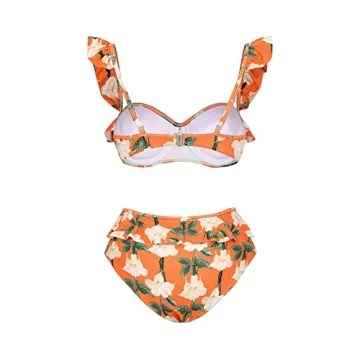 One Piece Swimsuit for Women with Cover Ups Two Pieces Push Up Bathing Suits High Cut Cheeky Bikini Set Floral Vintage Halter Bikini Swimsuit Flattering Sexy Swimwear Orange Floral (3pcs) L