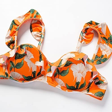 One Piece Swimsuit for Women with Cover Ups Two Pieces Push Up Bathing Suits High Cut Cheeky Bikini Set Floral Vintage Halter Bikini Swimsuit Flattering Sexy Swimwear Orange Floral (3pcs) L