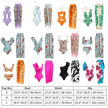 One Piece Swimsuit for Women with Cover Ups Two Pieces Push Up Bathing Suits High Cut Cheeky Bikini Set Floral Vintage Halter Bikini Swimsuit Flattering Sexy Swimwear Orange Floral (3pcs) L