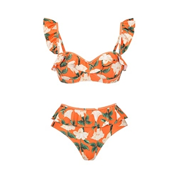 One Piece Swimsuit for Women with Cover Ups Two Pieces Push Up Bathing Suits High Cut Cheeky Bikini Set Floral Vintage Halter Bikini Swimsuit Flattering Sexy Swimwear Orange Floral (3pcs) L