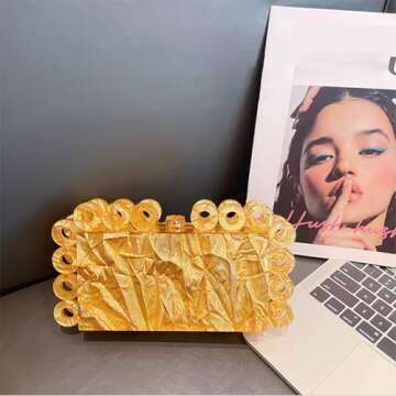 Gold Acrylic Clutch Purse for Women with Marbling Evening Handbag Square Box Crossbody Bag with Glitter Beads for Wedding Christmas Cocktail Party