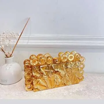 Gold Acrylic Clutch Purse for Women with Marbling Evening Handbag Square Box Crossbody Bag with Glitter Beads for Wedding Christmas Cocktail Party