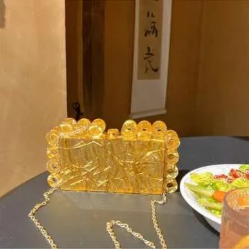 Gold Acrylic Clutch Purse for Women with Marbling Evening Handbag Square Box Crossbody Bag with Glitter Beads for Wedding Christmas Cocktail Party