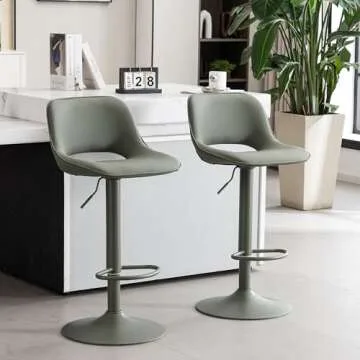 YOUNIKE Bar Stools Set of 2 Modern Swivel Barstools, Adjustable Counter Height Bar Stools Faux Leather Upholstered Counter Stools with Hollow Back for Kitchen Island, All Olive Green