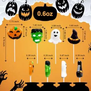 Big Halloween Lollipop Suckers Candy 24 Pack, Spooky Candy Lollipops, Pumpkin, Green Monster and Witch Hat Candy Sucker Lollipops Individually Wrapped for Halloween Goody Bag Fillers - Trick or Treat