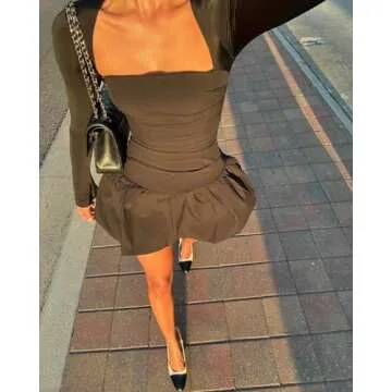 GUCURIN Women Bubble Mini Dress Long Sleeve Square Neck Backless Puffy Skirt Dress Short Formal Dresses(S,Black)