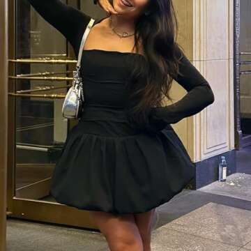 GUCURIN Women Bubble Mini Dress Long Sleeve Square Neck Backless Puffy Skirt Dress Short Formal Dresses(S,Black)