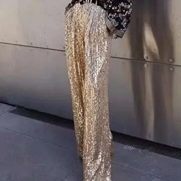 Palazzo Pants for Women Golden Bright Silk Wide Leg Pants Spring Fashion High Waist Loose Sequins Trousers