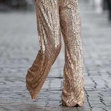 Palazzo Pants for Women Golden Bright Silk Wide Leg Pants Spring Fashion High Waist Loose Sequins Trousers