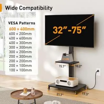 Perlegear Mobile TV Stand with Power Outlet, Tilt & Swivel Rolling TV Cart for 32 to 65 70 75 inch TVs up to 110 lbs, Height Adjustable Rolling TV Stand with Wheels, Max VESA 600x400mm, PGTVMC17
