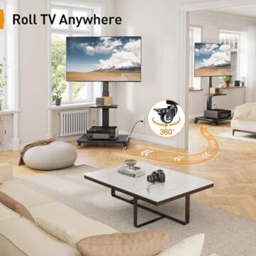 Perlegear Mobile TV Stand with Power Outlet, Tilt & Swivel Rolling TV Cart for 32 to 65 70 75 inch TVs up to 110 lbs, Height Adjustable Rolling TV Stand with Wheels, Max VESA 600x400mm, PGTVMC17