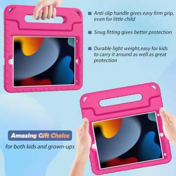LTROP Kids Case for iPad 9th/ 8th/ 7th Generation (2021/2020/ 2019), iPad 10.2 Case with Built-in Screen Protector, Shockproof Handle Stand Kids Case for iPad 9 8 7 Generation 10.2 Inch - Hot Pink