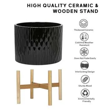 LaDoVita Ceramic Plant Pot with Stand, 10 Inch Planter with Wood Shelf, Modern Round Flower Pots Indoor with Wood Planter Holder, Black Water Ripple Pattern
