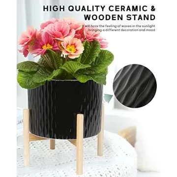 LaDoVita Ceramic Plant Pot with Stand, 10 Inch Planter with Wood Shelf, Modern Round Flower Pots Indoor with Wood Planter Holder, Black Water Ripple Pattern