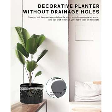 LaDoVita Ceramic Plant Pot with Stand, 10 Inch Planter with Wood Shelf, Modern Round Flower Pots Indoor with Wood Planter Holder, Black Water Ripple Pattern