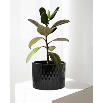LaDoVita Ceramic Plant Pot with Stand, 10 Inch Planter with Wood Shelf, Modern Round Flower Pots Indoor with Wood Planter Holder, Black Water Ripple Pattern