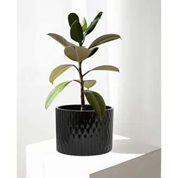LaDoVita Ceramic Plant Pot with Stand, 10 Inch Planter with Wood Shelf, Modern Round Flower Pots Indoor with Wood Planter Holder, Black Water Ripple Pattern